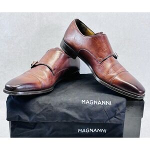 Magnanni Cognac Double Monk Strap Size 8.5M Cap Toe Dress Shoes w Bags